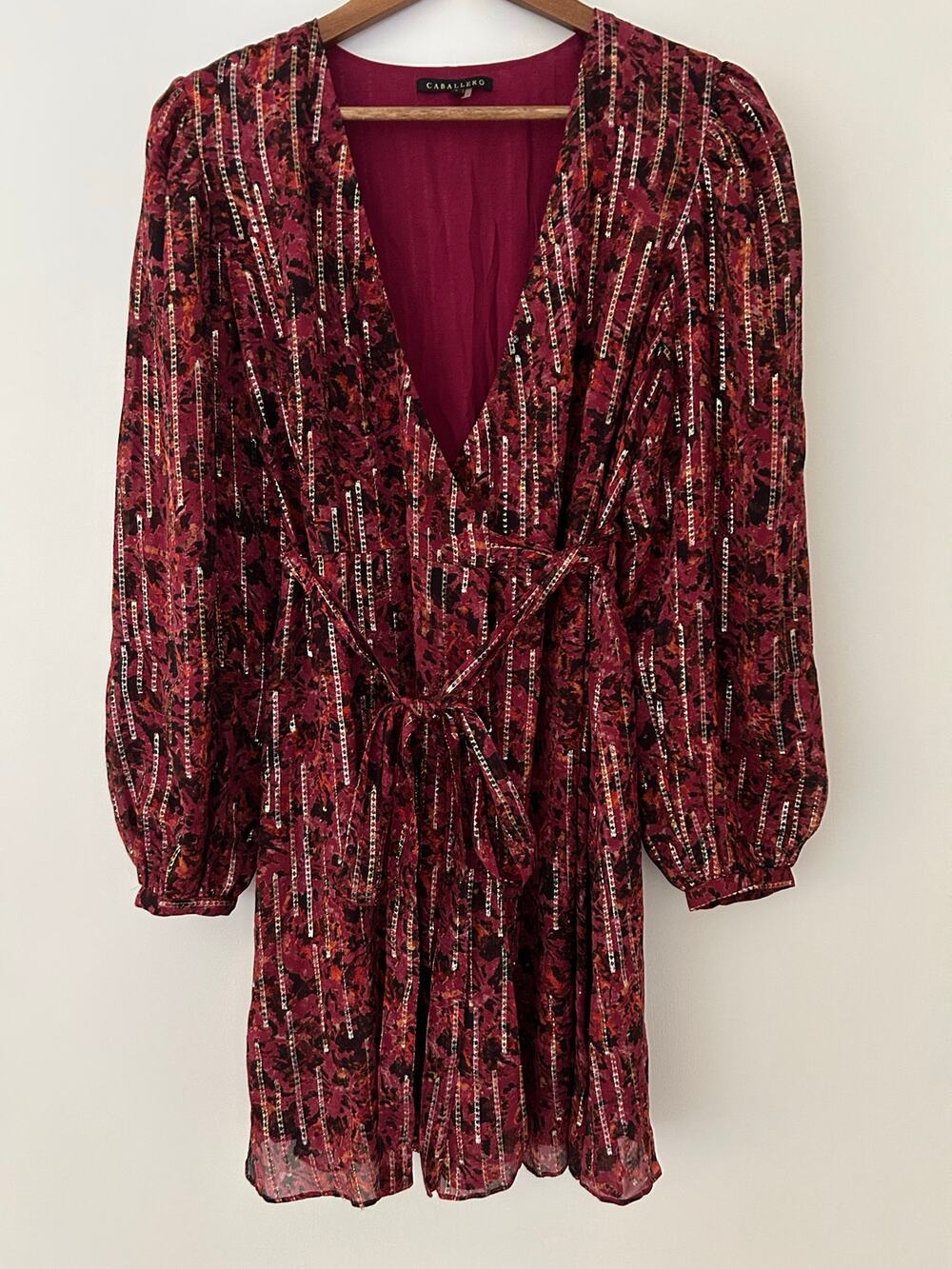 Caballero Sofia Dress Merlot Moonbeam Red Burgundy Gold Long Sleeve Wrap Dress S